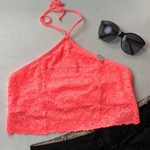 VS PINK Lace Halter Bralette Neon Orange NWT